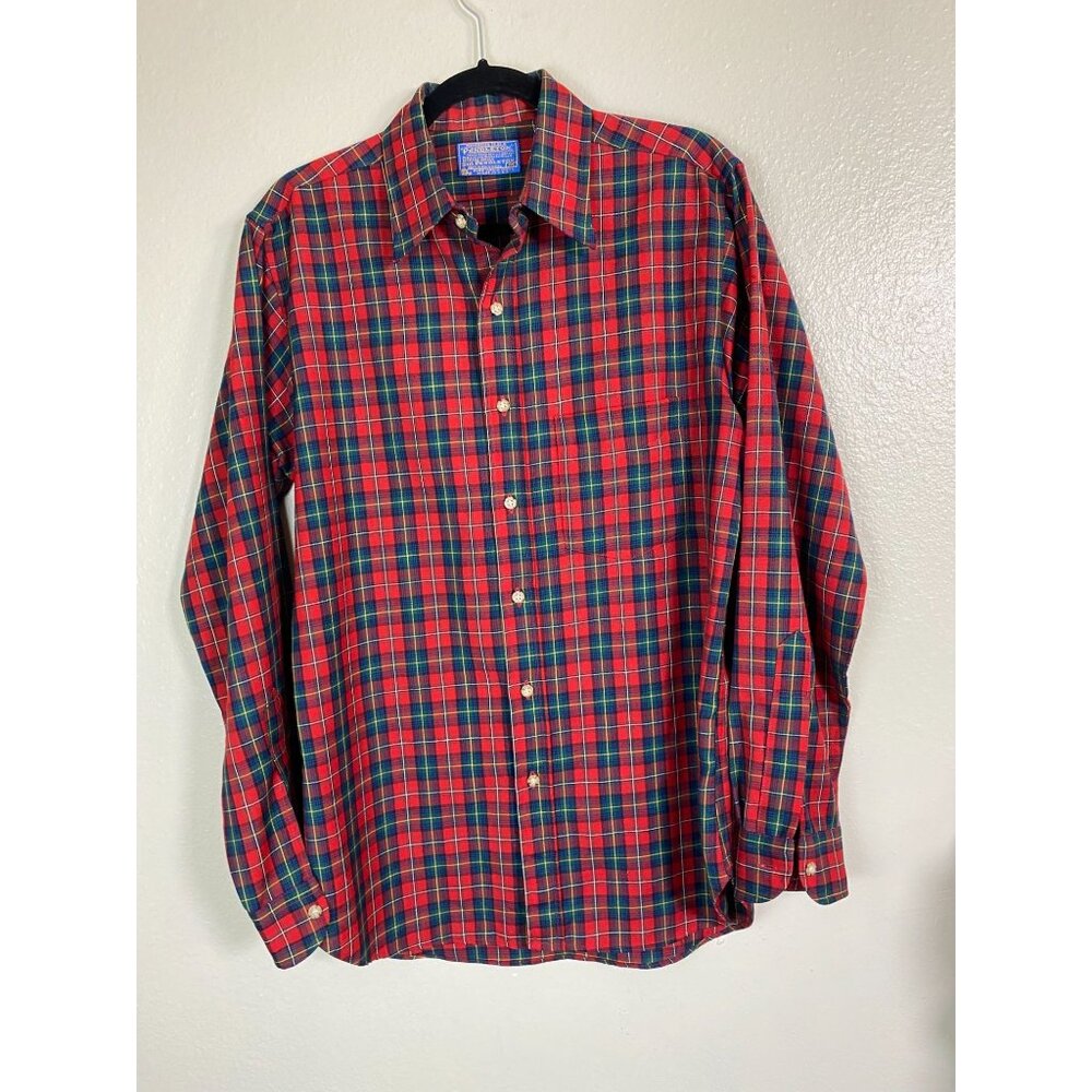 Vtg Pendleton‎ Red Green Tartan Plaid Long Sleeve Virgin Wool Shirt Men Medium